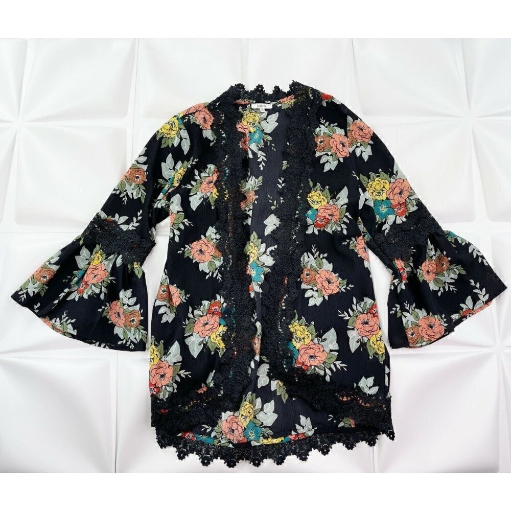 Jodifl Women Sz S Crochet Lace Trim Bell Sleeve Floral Print Jacket Kimono Black